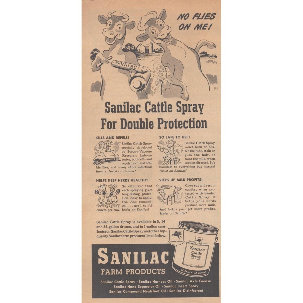 1945 Sanilac Cattle Spray Vintage Print Ad Dairy Cows Farm Livestock Fly Control